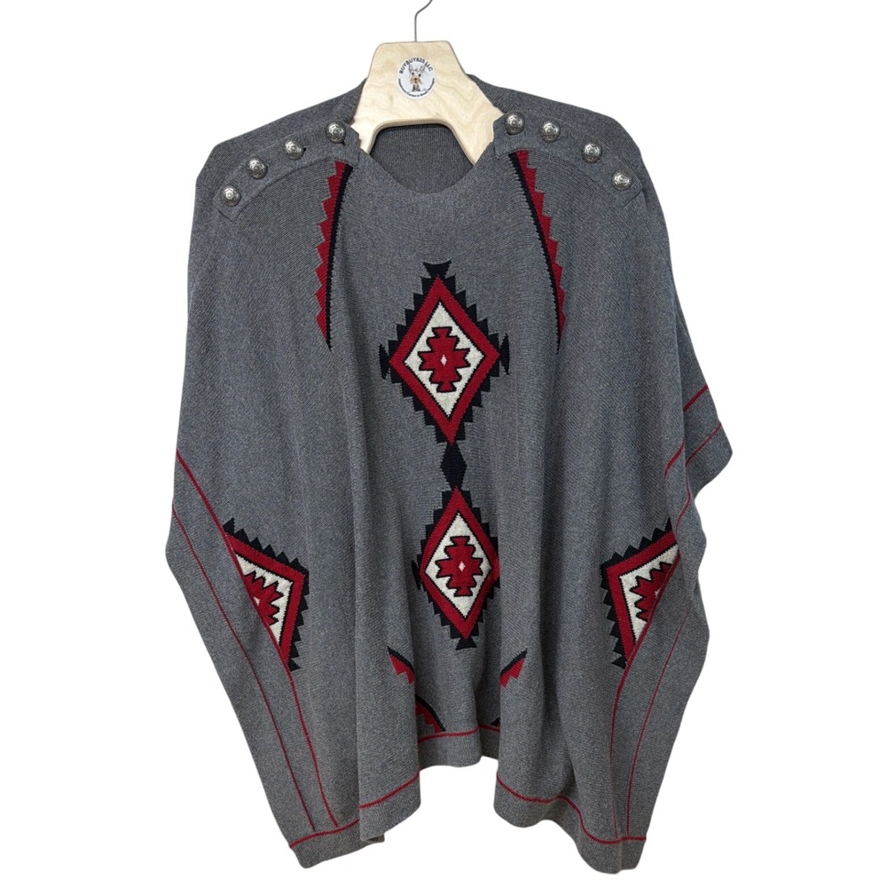 Roja Wool Blend Aztec Geometric‎ Pattern Poncho Shawl Gray Red Women's One Size